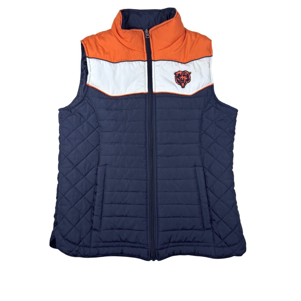 NFL Team Apparel Chicago Bears Quilted Puffer Vest Womens Medium Navy Orange